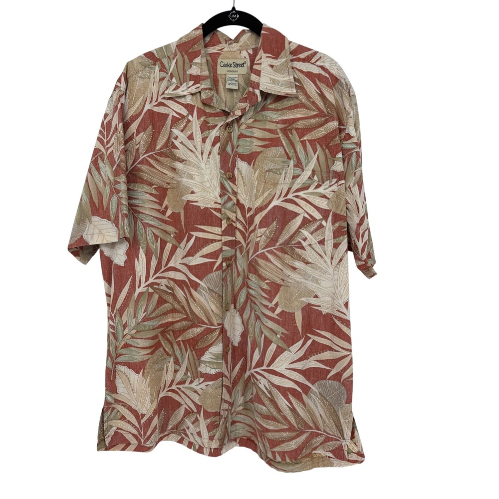 Cooke Street Honolulu Mens Large Cotton Tropical Leaf Hawaiian Button Down Shirt